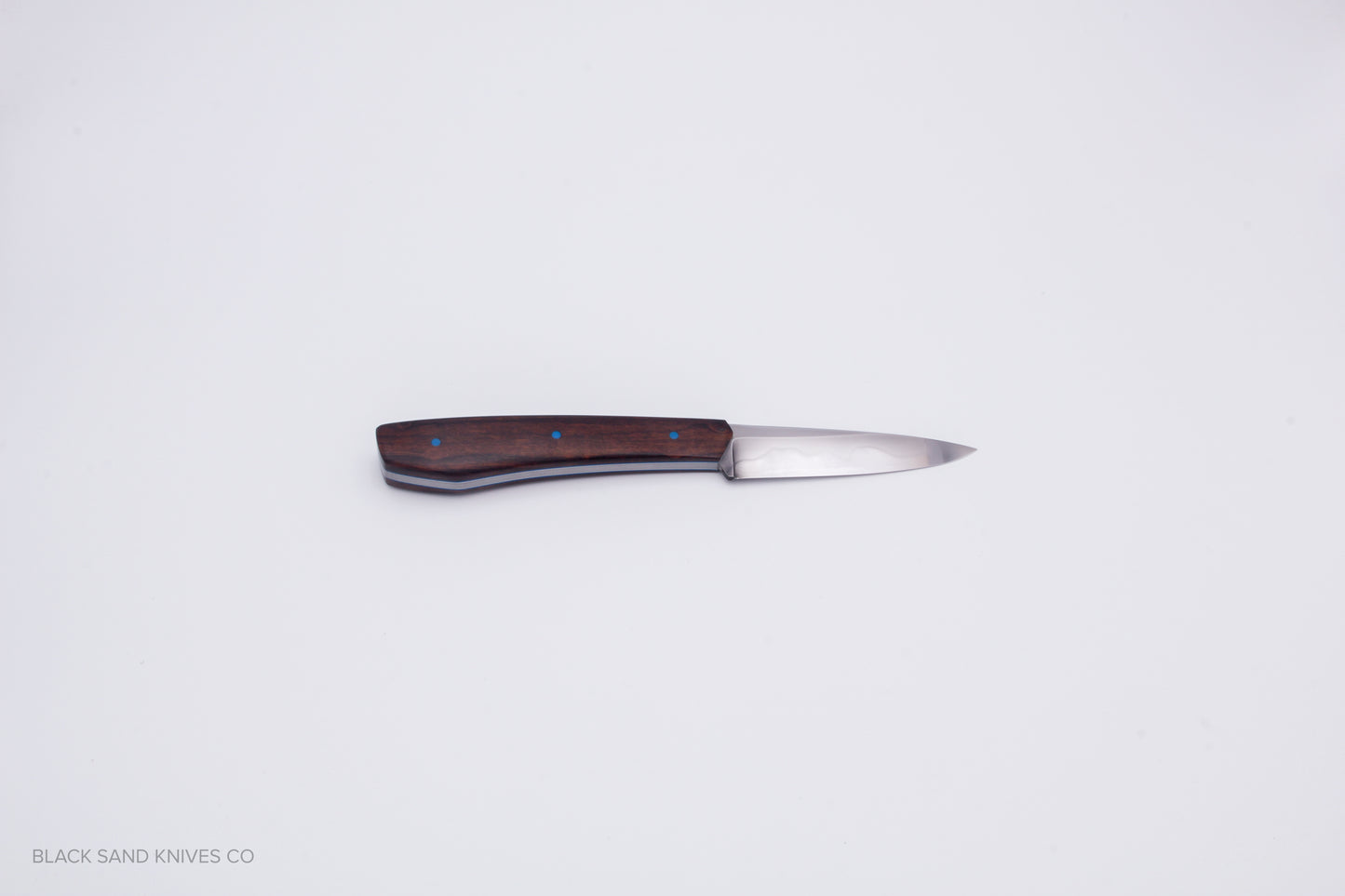 3.5" (90mm) Pairing Knife in W2 Steel with Hamon - Desert Ironwood Scales - Blue & White liners and Blue pins