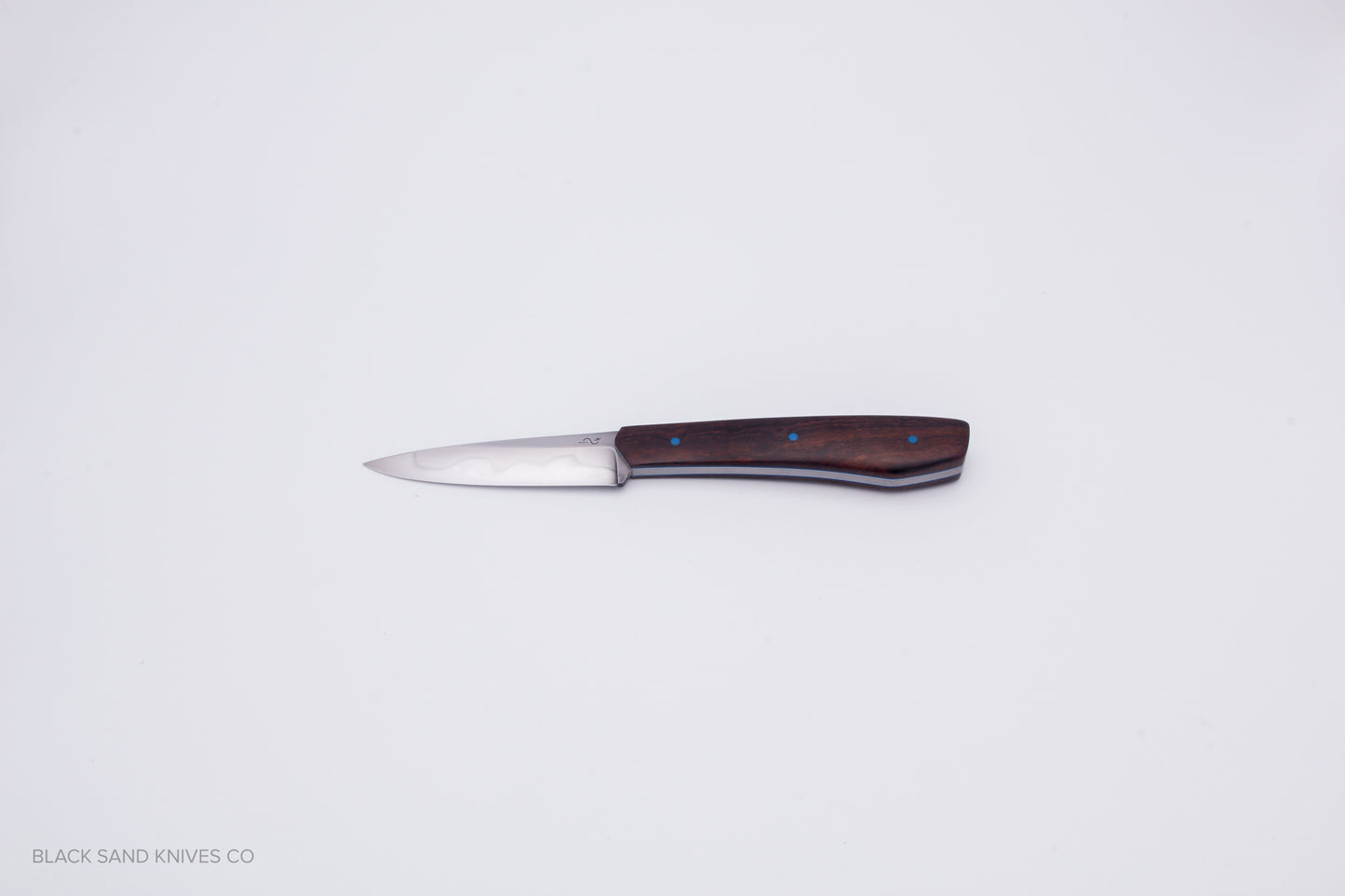 3.5" (90mm) Pairing Knife in W2 Steel with Hamon - Desert Ironwood Scales - Blue & White liners and Blue pins