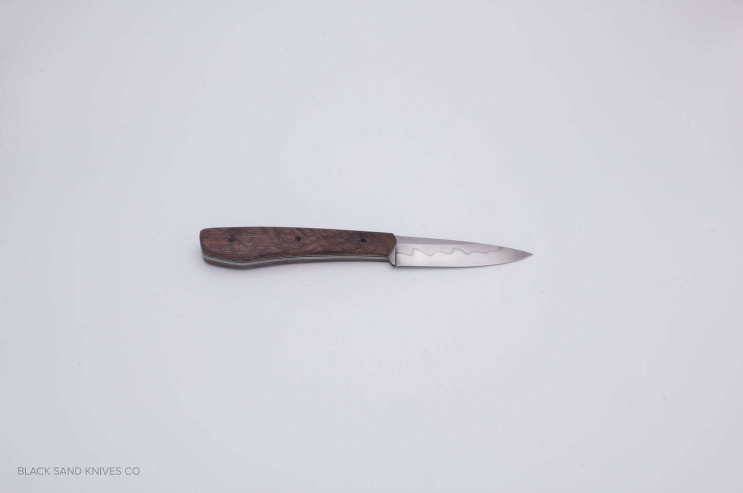 3.5" (90mm) Pairing Knife in W2 Steel with Hamon - American Black Walnut Scales - Yellow liners and Black pins