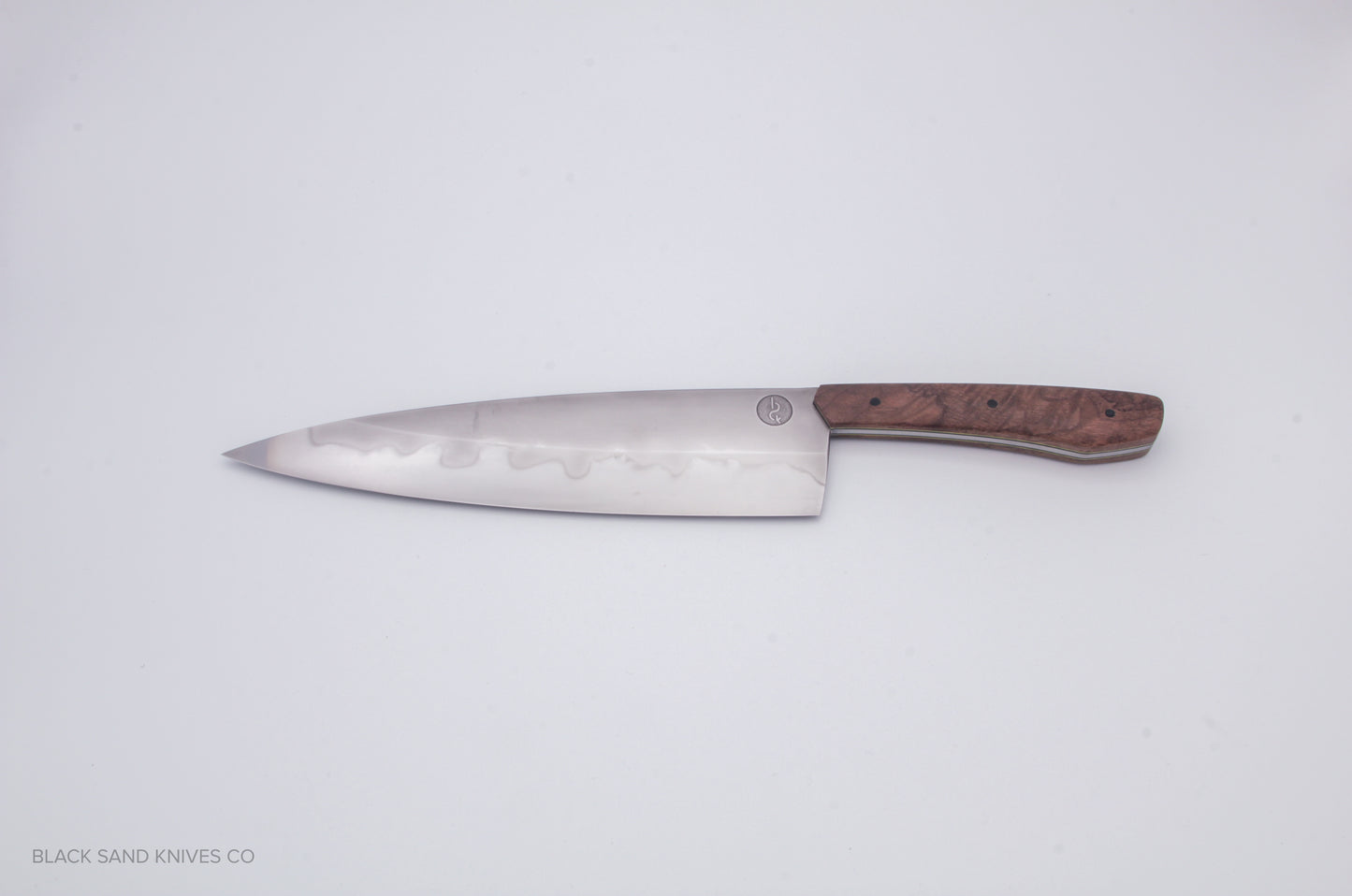 8" (200mm) Chef Knife in W2 Steel with Hamon - American Black Walnut Scales - Yellow liners and Black pins