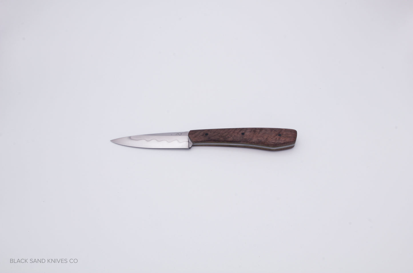 3.5" (90mm) Pairing Knife in W2 Steel with Hamon - American Black Walnut Scales - Yellow liners and Black pins