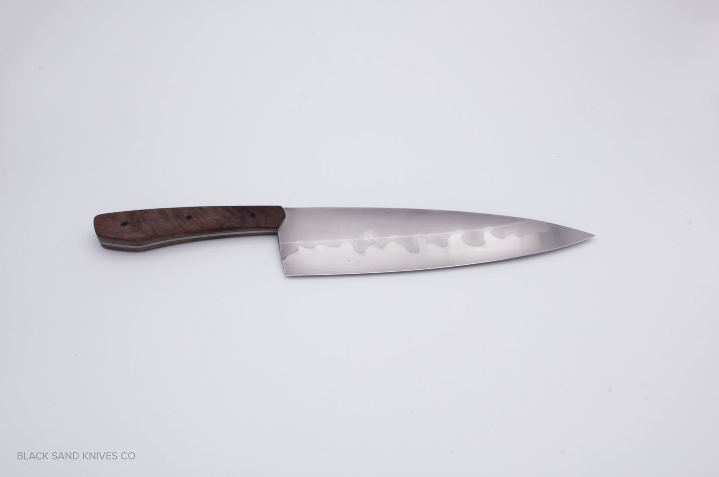 8" (200mm) Chef Knife in W2 Steel with Hamon - American Black Walnut Scales - Yellow liners and Black pins