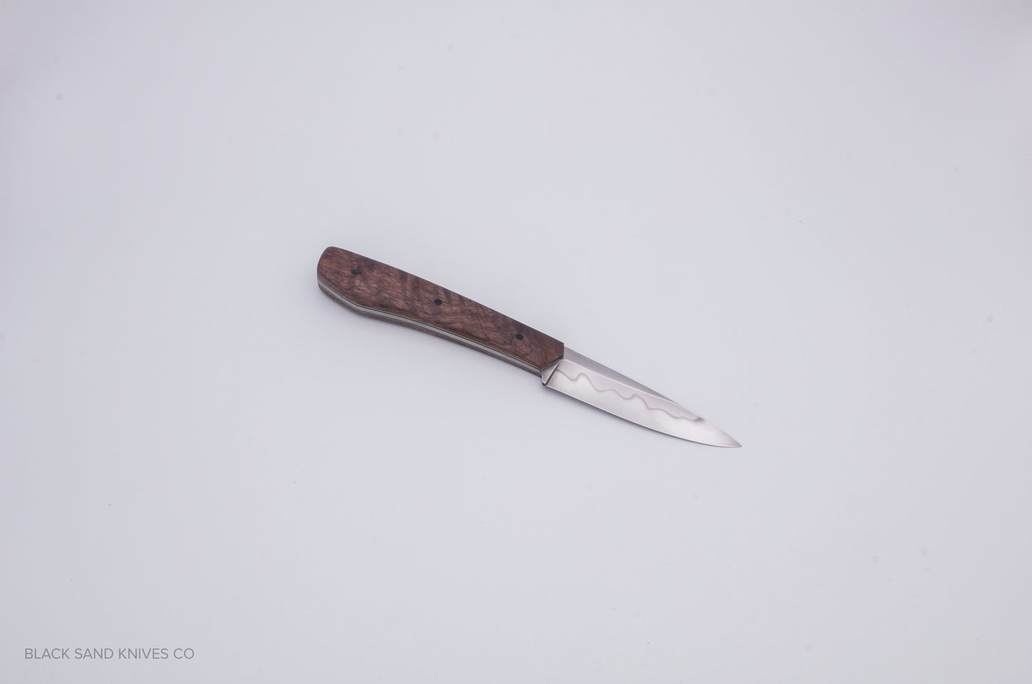 3.5" (90mm) Pairing Knife in W2 Steel with Hamon - American Black Walnut Scales - Yellow liners and Black pins