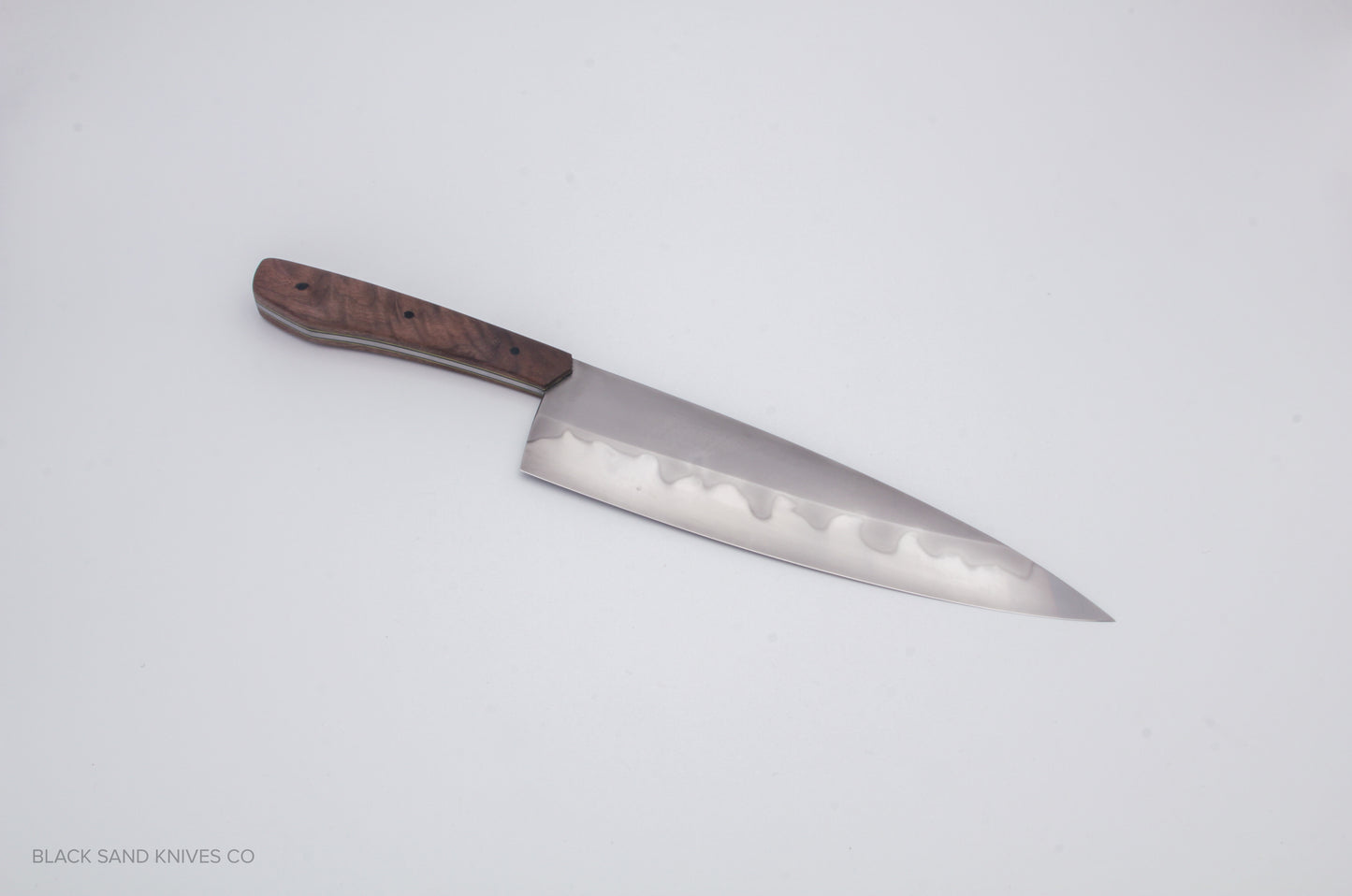 8" (200mm) Chef Knife in W2 Steel with Hamon - American Black Walnut Scales - Yellow liners and Black pins