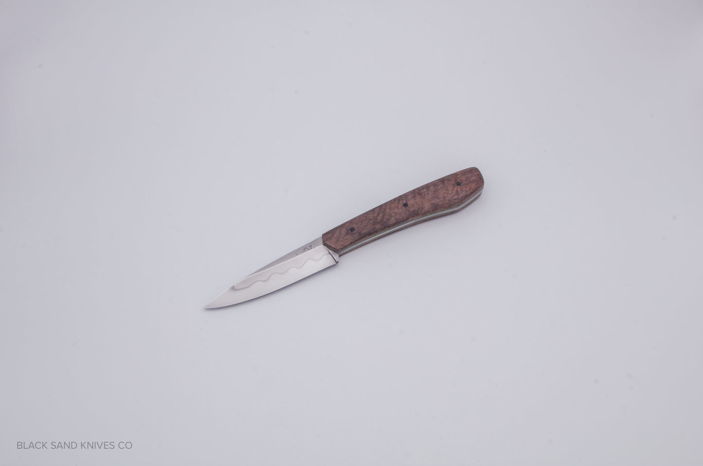 3.5" (90mm) Pairing Knife in W2 Steel with Hamon - American Black Walnut Scales - Yellow liners and Black pins