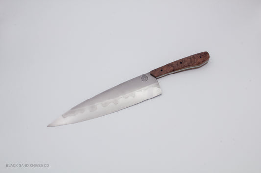 8" (200mm) Chef Knife in W2 Steel with Hamon - American Black Walnut Scales - Yellow liners and Black pins