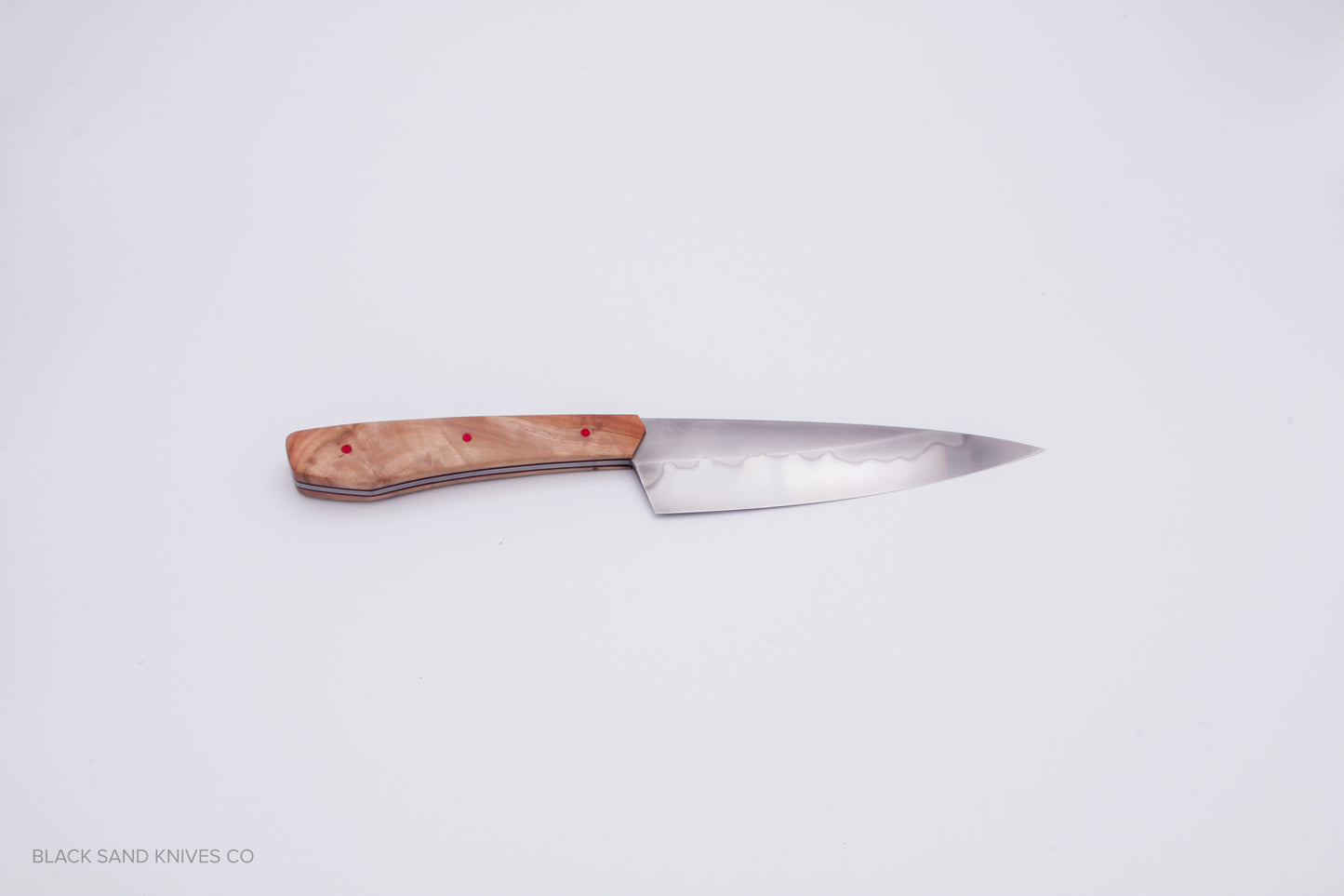 5.5" (140mm) Petty Knife in W2 Steel with Hamon - Eucalyptus Scales - Black and Red liners and Red pins