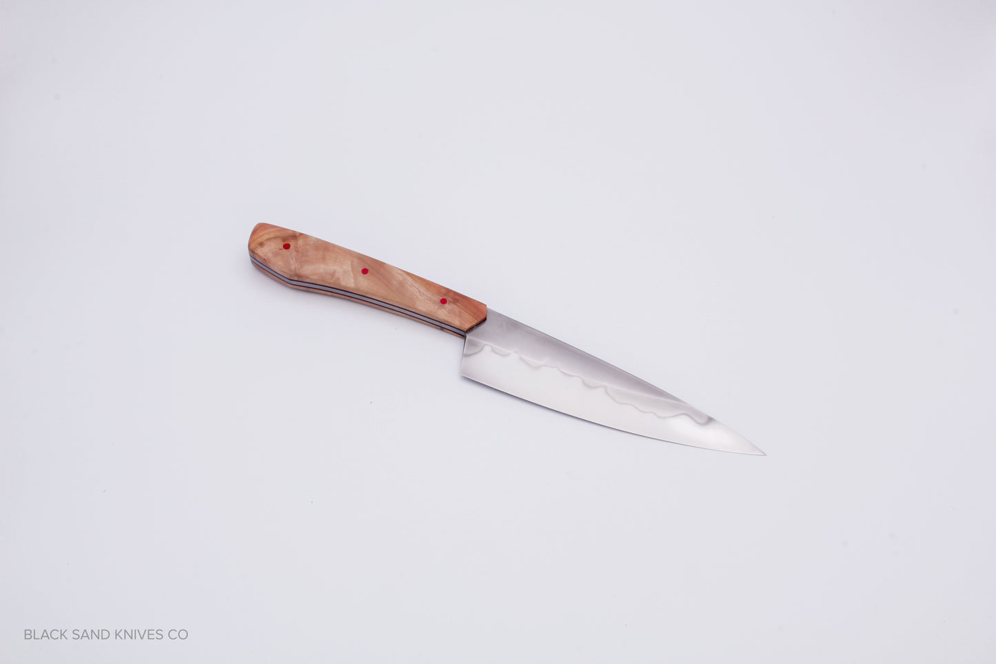 5.5" (140mm) Petty Knife in W2 Steel with Hamon - Eucalyptus Scales - Black and Red liners and Red pins