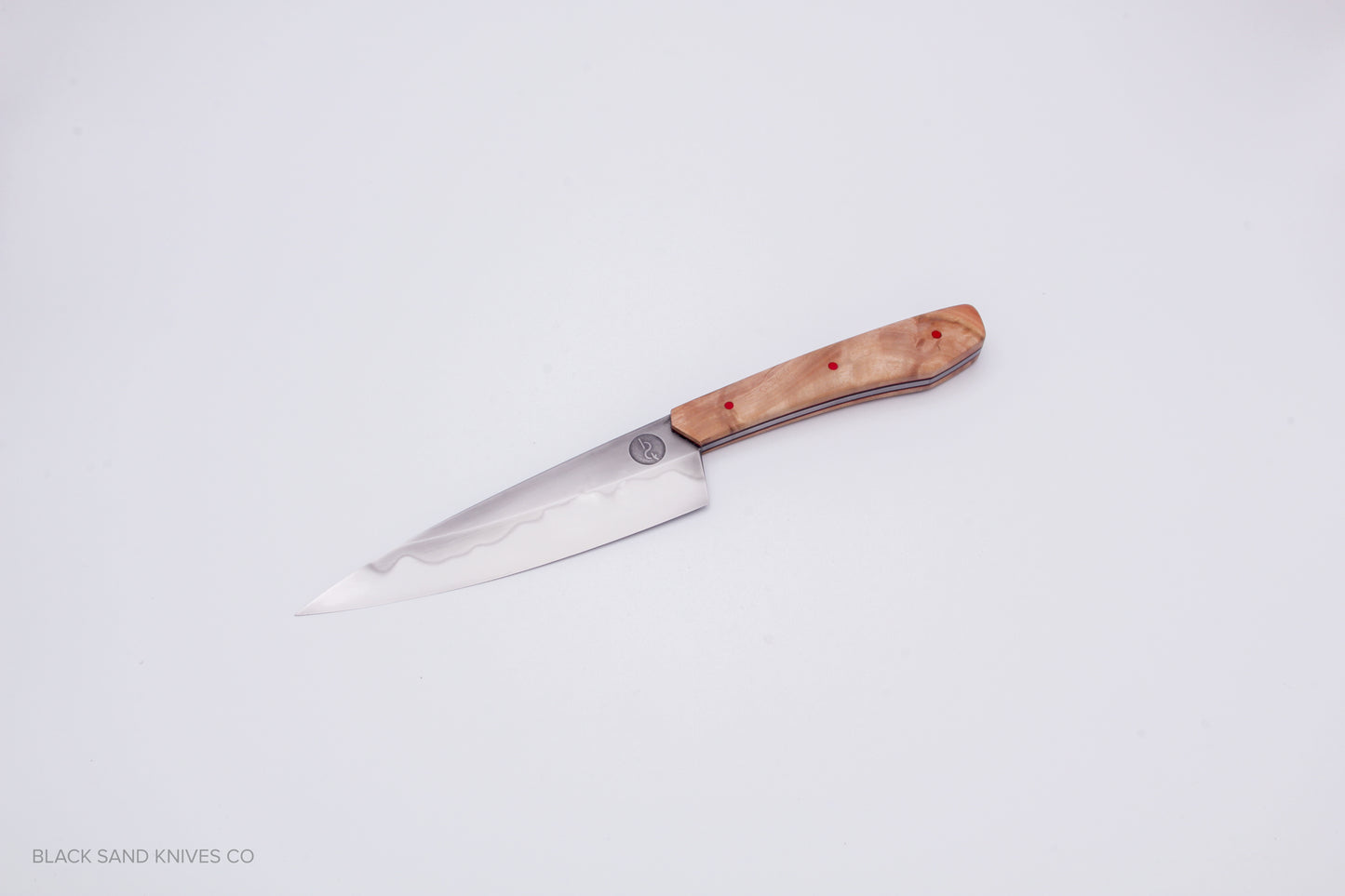 5.5" (140mm) Petty Knife in W2 Steel with Hamon - Eucalyptus Scales - Black and Red liners and Red pins